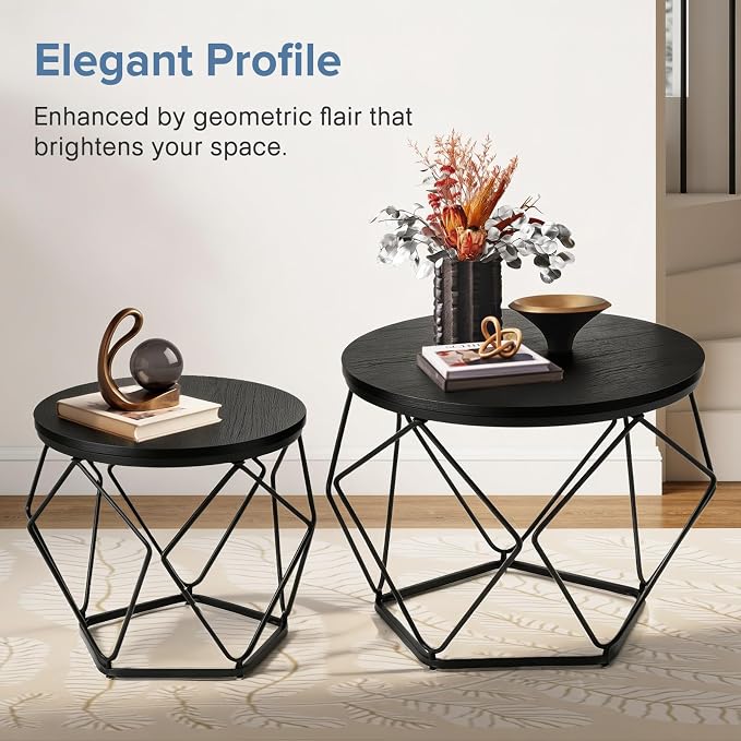 DUMOS Modern Geometric 2Pack Coffee Table, Round Nesting Side Tables with Hidden Storage, Movable End Tables for Living Room Decor & Practical Use Black