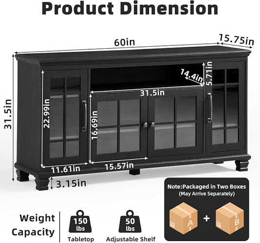 SAVOR LIFE Large Black Sideboard Buffet Cabinet with Storage,Vintage Farmhouse 60" Wide Buffet Cabinet with Glass Doors & Wood Legs,Coffee Bar Cabinet for Dining Room, Living Room