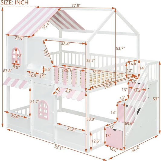 Merax Full Over Full Wood House Bunk Bed with Storage Staircase & Shelves, Floor Multifunction Bunk Bed with Full Length Gardrails for Bedroom,Playhouse Design, Roof & Door, Space Saving,White+Pink