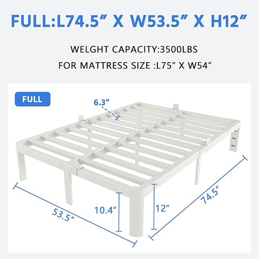 White Full Size Bed Frame 12 Inch, Metal Full Bed Frame No Box Spring Needed, Heavy Duty Steel Support 3500 LBS, DIY Headboard, Noiseless, Round Corner Legs, Storage Space, Easy Assembly