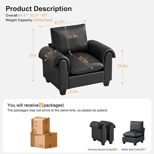 44.5" Faux Leather Single Sofa Sofa, Oversized Accent Chair with Curved Armrests, Cloud Modern Sofa Upholstered Deep Seat Reading Chair Armchair for Living Room, Bedroom,Black