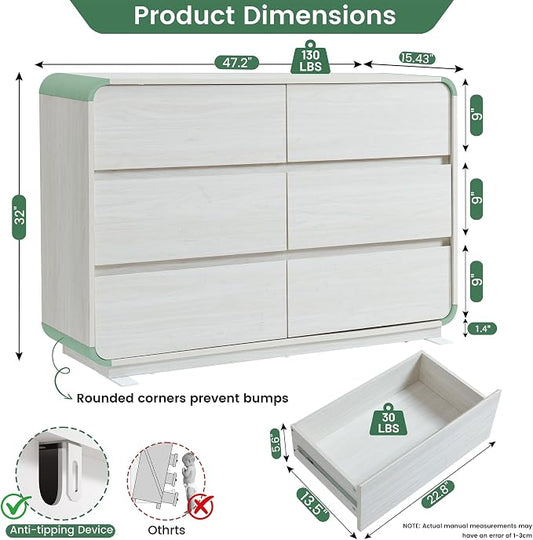 Standifurno White 6 Drawer Dresser for Bedroom, 47" Wide Dresser with Large Storage, Wooden Chest of Drawers for Bedroom, Hallway.