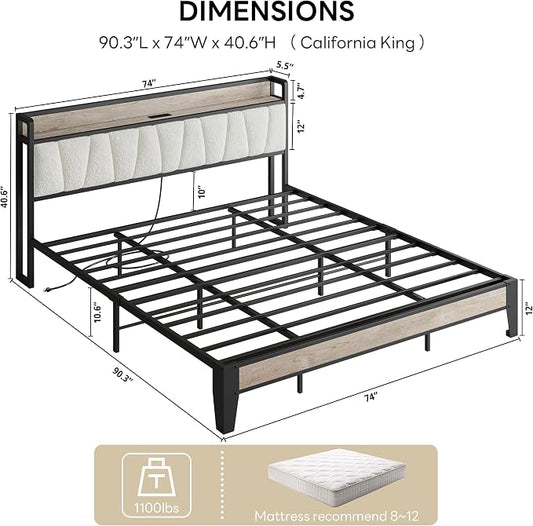 LIKIMIO California King Bed Frames, Bouclé Storage Headboard with Charging Station, Solid and Stable, Noise Free, No Box Spring Needed, Easy Assembly