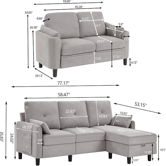 Convertible Sectional Sofa Set, 77" Small L Shaped 3 Seat Couch with Ottoman and 57" Loveseat, Modern Sofa Couches for Living Room, Light Grey