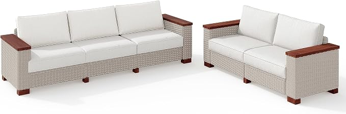 PaPaJet 5-Piece Wicker Patio Furniture Set with Solid Wood Armrest, Outdoor Patio Set with Thick Legs, UV-Resistant Modular Outdoor Sectional Sofa for Backyard, Porch, Garden