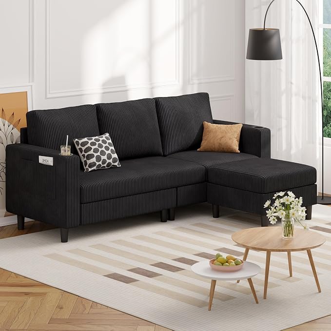 Luxanimarion Upholstered Sectional Sofa and Couches, 78'' L Shaped 3-seat Sofa forLiving Room, Apartment,Lounge,Bedroom-Washable Covers Convertible Sofas(Corduroy Fabric,Black)