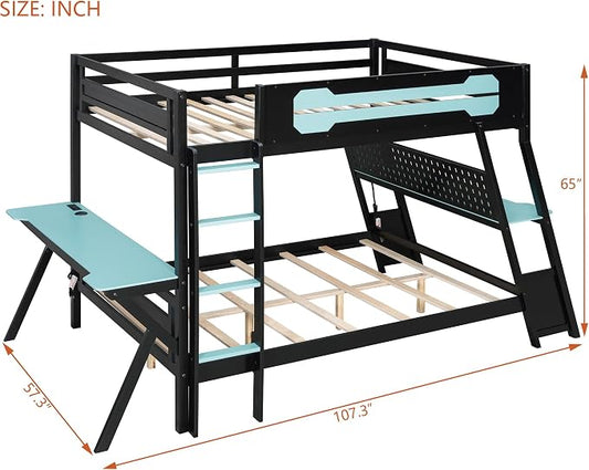 Merax Wooden Full Over Full Bunk Bed with 2 Side Desks, USB Desktop Ports and Pegboard Organizer, Gaming Bunk Bed for Gamer, Kids or Teens, No Box Spring Needed, Cloud Blue