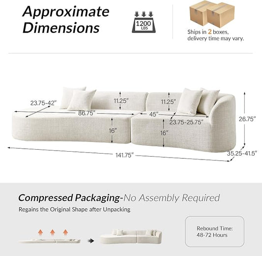 141.75" Modern Curved Compressed Sofa, All-Foam Cloud Couches with 4 Pillows, No Assembly Required Boneless Sectional Sofas, Large Floor Couch for Living Room, Ivory