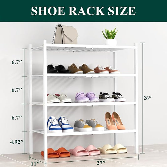Smiry Bamboo Shoe Rack, 4 Tier Free Standing Wooden Shoe Organizer, Stackable Wood Shoe Storage Shelf for Closet, Entryway, 14 Vertical Slats, 2+2 Stack Heavy-Duty Legs, 26.8"x11"x26", White