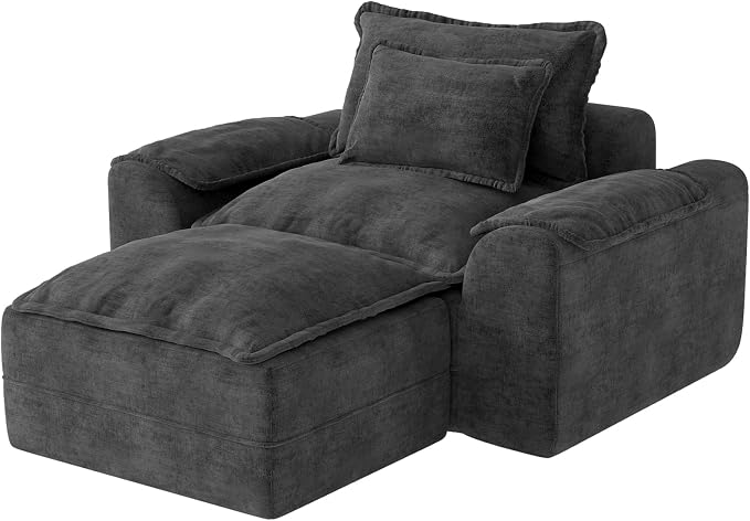 Hobestluk Cloud Single Sofa with Ottoman Memory Foam Couch with Deep Seat L Shaped Sofa with Removable Cover Large Couch for Living Room (Dark Grey, Single Sofa with One Ottoman)