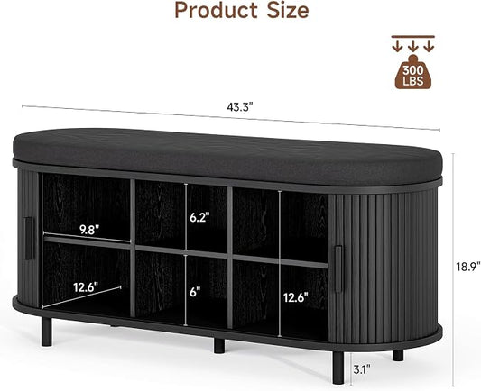 ONBRILL 43" Shoe Bench with Storage, Fluted Shoe Storage Bench with Cushion, Sliding Door and Adjustable Shelf, for Entryway, Hallway, Living Room, Black