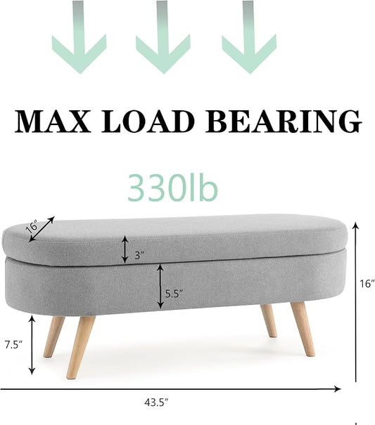 43.5" Ottoman with Storage, Storage Ottoman Bench with Safety Hinge, Linen End of Bed Bench, Upholstered Entryway Bench for Bedroom, Living Room & Window, Holds up to 330 lb, Grey