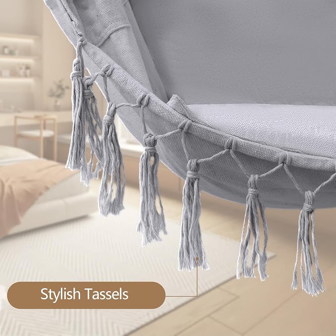 Hammock Chair Hanging Chair Heavy Duty 500 Lbs, Hanging Hammock Chair with Steel Spreader Bar & Adjustable Straps, Indoor Outdoor Hammock Swing for Bedroom Patio Porch Balcony Backyard Camping (Grey)