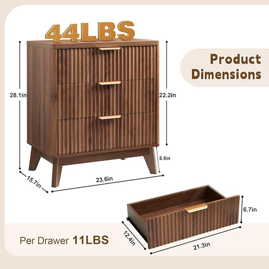 LYNCOHOME Fluted Nightstand Set of 2, Wood Bedside Table with 3 Drawers, Modern Farmhouse Storage End Table for Bedroom, Walnut