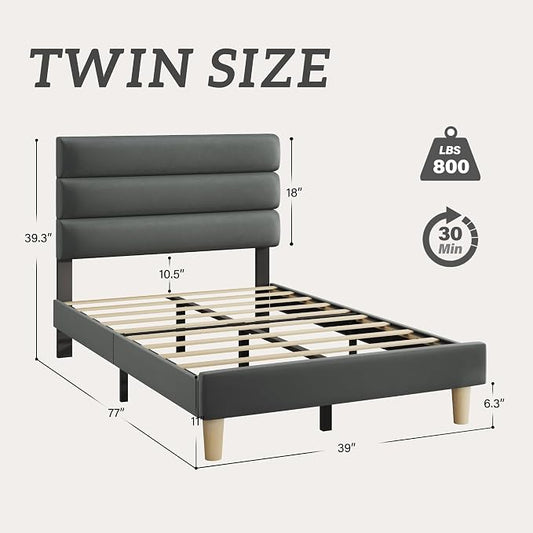 Fluest Twin Bed Frame, Platform Bed Frame with Velvet Upholstered Headboard, No Box Spring Needed, Sturdy Metal Support, Noise Free, Easy Assembly, Modern Bedroom Furniture, Grey