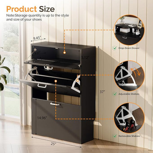 VINGLI Shoe Cabinet Storage for Entryway with 2 Flip &1Drop-Down Drawers | 24.8" W Narrow Slim,Modern Black Color,Holds 8–12 Pairs of Shoes,Smart Baseboard Cut-Out Design,9.45" Depth