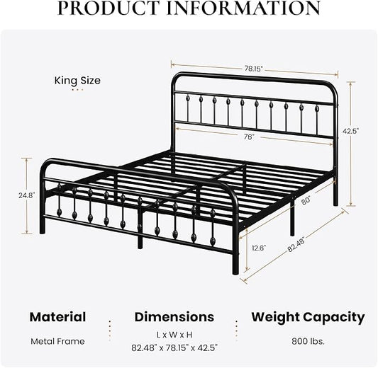 SHA CERLIN King Size Metal Platform Bed Frame with Victorian Style Iron-Art Headboard and Footboard, Easy Assembly, Under Bed Storage, No Box Spring Required, Black