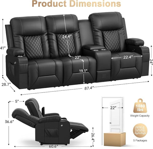 Recliner Sofa, Home Theater Seating with Center Console, 3 Seat Reclining Couch with USB Ports & Phone Holders, Wall Hugger RV Sofa Furniture Loveseat Recliner Couch with Storage & Pocket