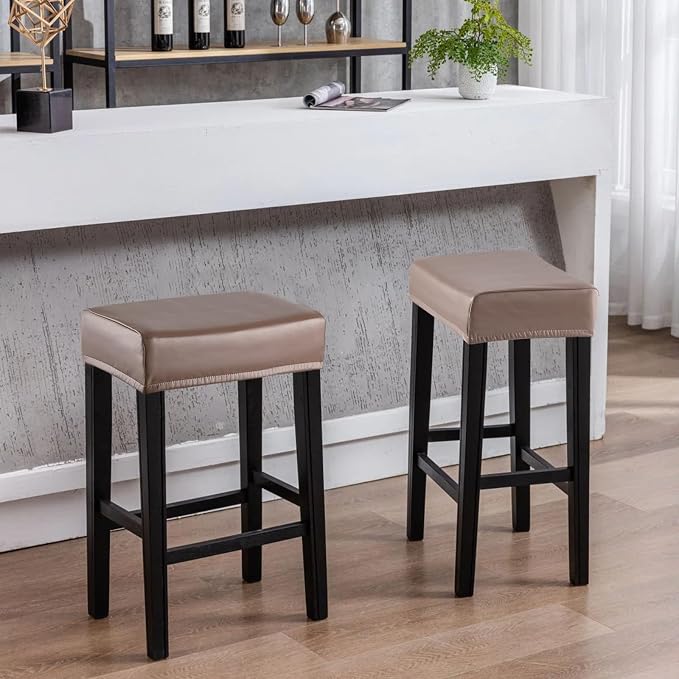 YISUN Stool Covers Rectangle - 2 Pack Stretch Waterproof Saddle Seat Cover Counter Bar Stools Bar Chairs Covers Kitchen Island Chairs Cushion Protector (1, Pu Leather-Chocolate 2PCS)