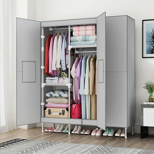 Portable Closet Clothes Organizer 49in Simple Non-Woven Fabric Wardrobe Closet Multi-Functional Clothes Storage Cabinet with Cover and Clothes Hanging Rod-Gray