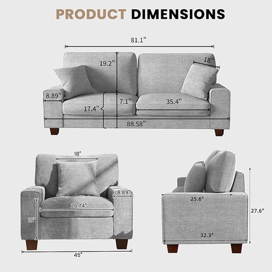 DOPEDIO Modern Living Room Sofa Set, 88.58" Chenille Loveseat with 2 Accent Chairs, Removable Covers, Spring Cushions, Solid Wood Frame, Easy Assembly(88.58inch+2 Single,Light Gray)