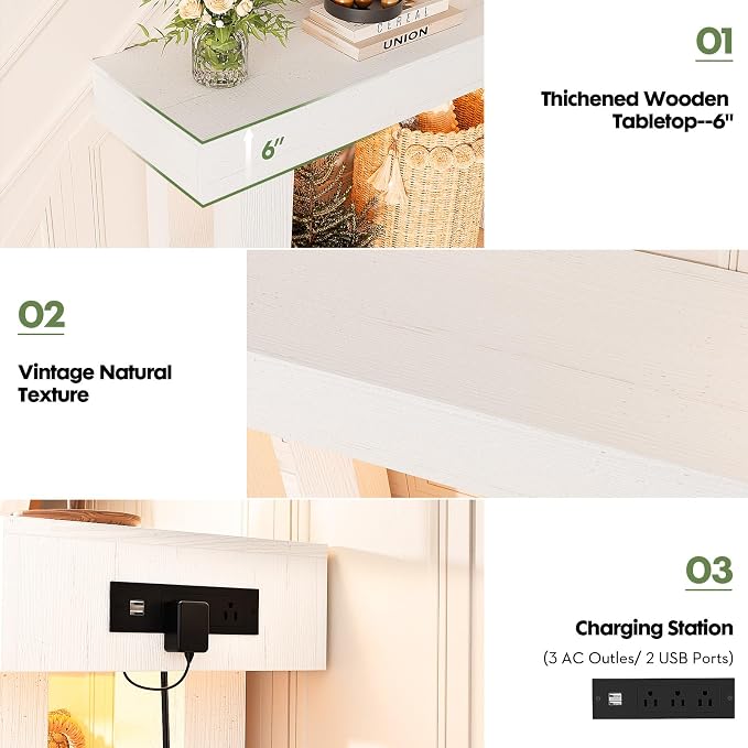 Unikito 63'' Farmhouse Console Table with Power Outlets and Sensor Light, Wooden Entryway Table with Storage, Rectangular Sofa Tables Behind The Couch for Entrance, Hallway, Living Room, Antique White