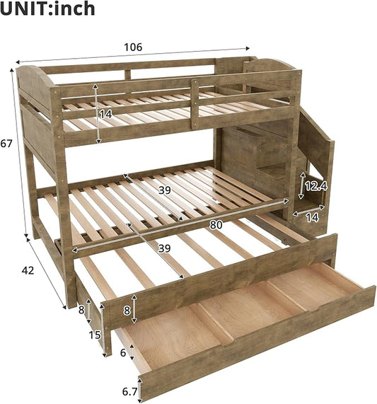 RUNNA Twin XL Bunk Bed with Trundle, Storage Stairs,Kids Bedroom,Walnut | Twin XL bunk bed with trundle, storage stairs, solid wood frame, guardrails, no box spring needed,Walnut, space saving