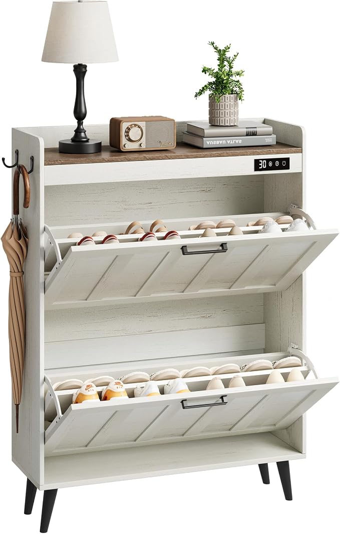 ChooChoo Shoe Storage Cabinet with 2 Flip Drawers, Deodorizing Shoe Organizer Storage for Entryway, Freestanding Hidden Slim Narrow Shoe Rack Cabinet, Antique White & Brown