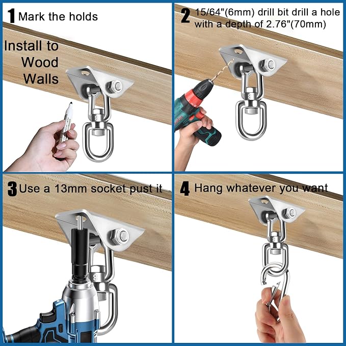 Hammock Hanging Kit, 2 Pack Hanging Chair Hardware 360°Rotating Hammock Hooks Heavy Duty, Hammock Chair Hanging Kit & Swing Ceiling Hook Snap for Hammock Chair,Heavy Bag,Seat,Yoga,Gym,1000 lb Capacity