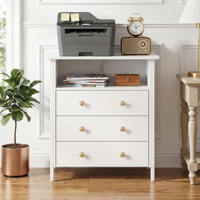 27 Inch LED Nightstand with Charging Station & 3 Drawers, White | Solid Wood and Steel Frame, 2 AC Outlets, 2 USB Ports, RGB App Control, Open Storage, Adjustable Feet, for Bedroom or Office