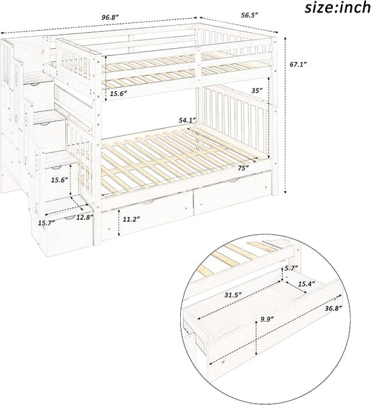 RUNNA Full Over Full Bunk Bed, Convertible, Storage Stairs White | Full over full bunk bed, convertible split design, storage stairs, solid pine wood, guardrails, no box spring needed,White