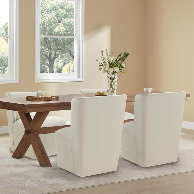 KISLOT Upholstered Dining Chairs Set of 1 with Casters, Wingback Modern Side Armless Deskchair with Rollers for Diningroom Bedroom Livingroom Reading Room, Cream Faux Leather