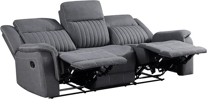 Lexicon Manual Double Reclining Sofa, Polished Microfiber Upholstered 3 Seater Manual Sofa Recliner for Living Room, Wall Hugger, Easy Assembly, Gray