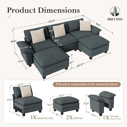 HERA'S HOUSE 124" Oversized Modular Sectional Sofa, Comfy U Shaped Couches for Living Room, Cloud Couch with Ottoman, 5-Seater Deep Seat Sofa with Throw Pillow, Chenille Blue