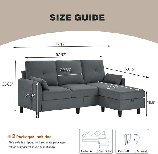 Convertible L-Shaped Sectional Sofa, 3-Seat Sofa Couches with Storage Ottoman & 2 Pillows and Side Storage Pockage, Small Modern Couch for Living Room, Apartment and Office, Dark Grey