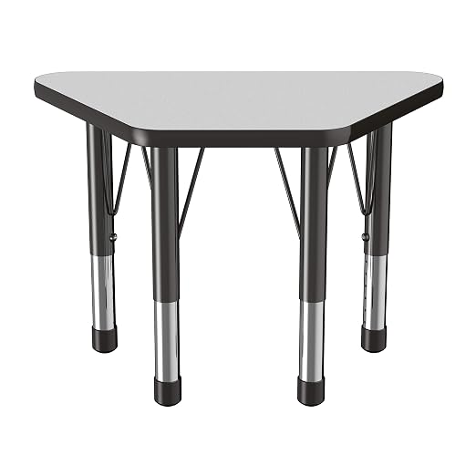 FDP Trapezoid Activity School and Classroom Kids Table (18 x 30 inch), Chunky Toddler Legs for Collaborative Seating Environments, Adjustable Height 15-24 inches - Gray Top and Black Edge