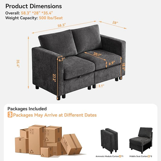 WUTUTUEE 58”Modular Sectional Loveseat Sofa, Modern Love Seat 2 Seater Sofa Couch with Storage, Chenille Modular Sectional Couch for Living Room, Bedroom, Office, Small Apartment, Dark Grey