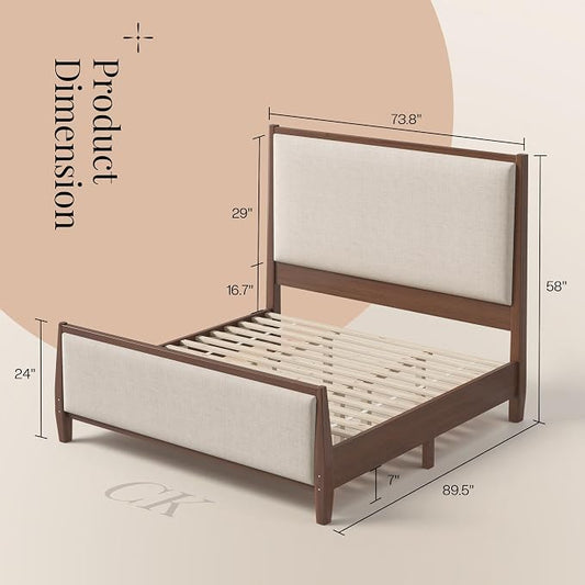 Jocisland 58" Tall Solid Wood California King Size Bed Frame with Upholstered Headboard & Footboard, Wooden Platform Bedframe, No Box Spring Needed, Easy Assembly, Modern Farmhouse Style, Dark Walnut