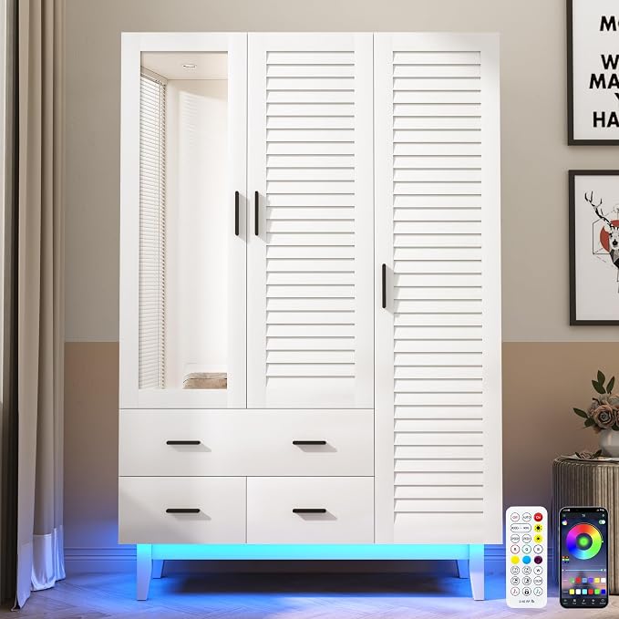 Hlivelood 3 Door Armoire Wardrobe Closet Cabinet with Drawers and LED Lights, Multi-Tier Shelves, Hanging Rod & 3 Louver Doors, Large Capacity Storage Wardrobe Armoire for Bedroom, White