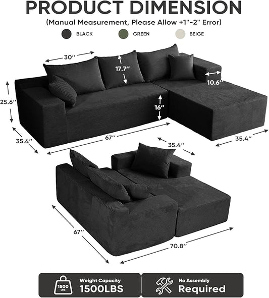 Boneless Couch, 102.4" Sectional Couches for Living Room with L Shape Sofa | Cloud Couch Sectional with Chaise, Modular Cloud Sofa with Deep Seat, No Assembly, Black, Corduroy, Right Chaise