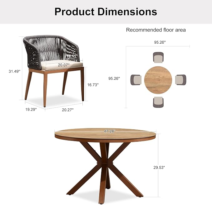 PURPLE LEAF 5 Pieces Outdoor Round Dining Set Oversized Aluminum Rattan Wicker Patio Furniture for Lawn Backyard Deck Brown
