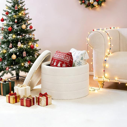B FSOBEIIALEO Ottoman with Stroage, Round Sherpa Storage Ottoman Stool, Boucle Foot Rest22 x 22"x15.75" (White)