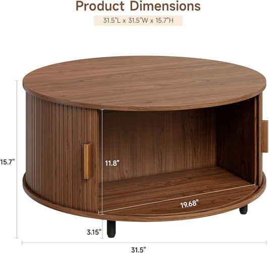 ONBRILL Round Coffee Table with Storage, 31.5" Modern Coffee Table with 360° Curved Sliding Door, Fluted Wood Accent Coffee Table with Adjustable Footpads, Round Center Table for Living Room, Walnut