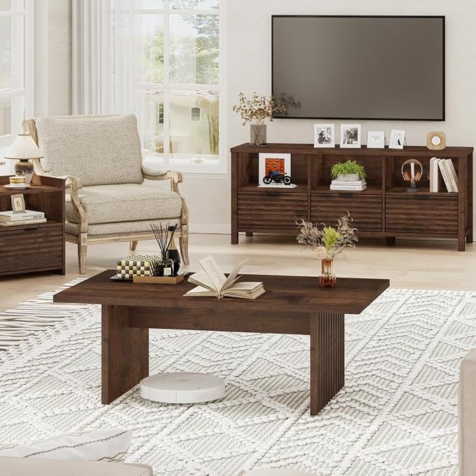 BON AUGURE 47 Inch Coffee Table, Fluted Side Panels Coffee Tables for Living Room, Large Wooden Tabletop Center Table, Farmhouse Living Room Tables for Lounge, Office, Rustic Oak