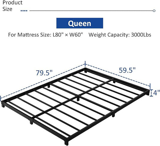 YUSENHEEI 4 Inch Queen Bed Frame, Heavy Duty Metal Platform Low Bed Frame Queen Size, No Box Spring Needed, Noise Free, Easy Assembly, Black