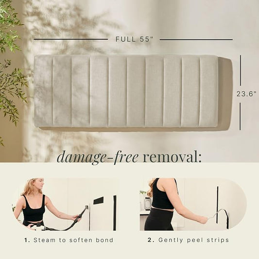 Hearth & Harbor Wall Mounted Full Headboard Only, Bed Headboard Full Size | Easy Assemble, Floating Peel and Stick, Upholstered, Channel Stitched, 3D Wall Panels, 5 Strips of 3M Tape Included, Linen
