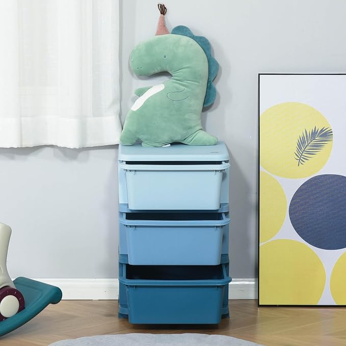 Qaba 3 Drawers Kids Storage Unit, 3 Tier Stackable Toy Organizers and Storage Chest for Bedroom, Nursery, Playroom, Living Room, Boys, Girls, Toddlers, Blue