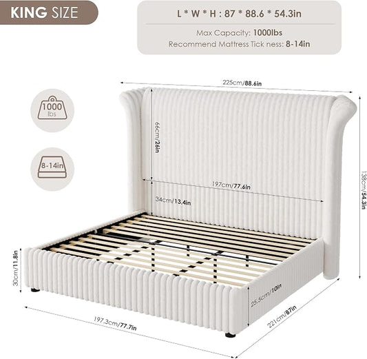 Keyluv King Bed Frame with 54.3” Tall Faux-Fur Wingback Headboard, Upholstered Platform Bed with LED Light, Mattress Foundation with Solid Wooden Slats Support, No Box Spring Needed, Noise-Free, Beige
