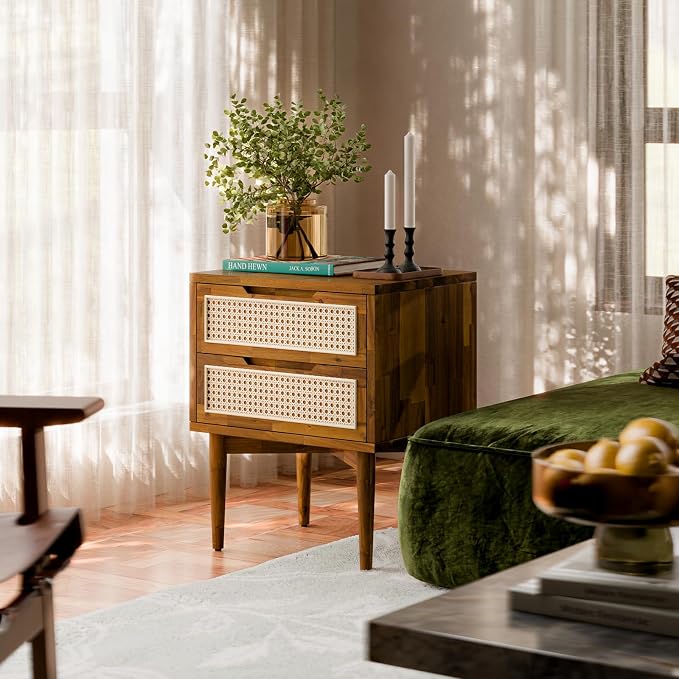 Bme Oliver Solid Wood Rattan Nightstand/Side Table/End Table, Fully Assembled, for Bohemian & Mid Century Style Bedroom and Living Room, Caramel | Fully Assembled