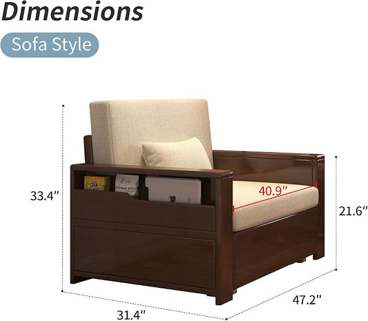 48" 3-in-1 Storage Sleeper Sofa Bed, Walnut Finish Solid Wood Frame | Solid wood sofa for living rooms, apartments & offices — single-size, it works as a guest bed to maximize small space.